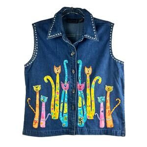 New Directions Embroidered Cat Denim Sleeveless Top Size L